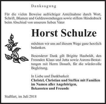 Traueranzeige von Horst Schulze  von Magdeburger Volksstimme