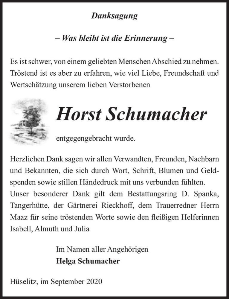  Traueranzeige für Horst Schumacher  vom 16.09.2020 aus Magdeburger Volksstimme