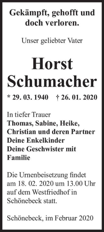 Traueranzeige von Horst Schumacher  von Magdeburger Volksstimme