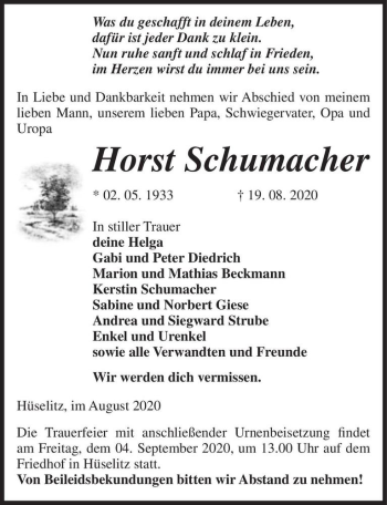 Traueranzeige von Horst Schumacher  von Magdeburger Volksstimme
