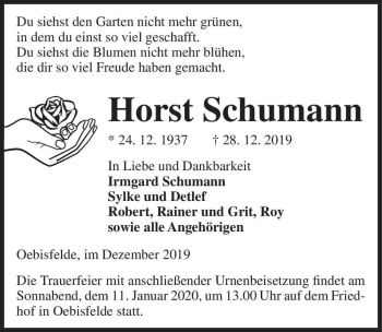 Traueranzeige von Horst Schumann  von Magdeburger Volksstimme