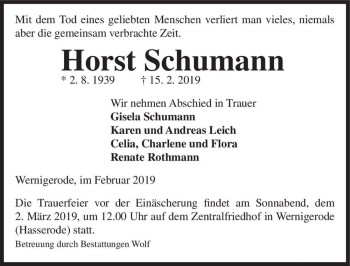 Traueranzeige von Horst Schumann  von Magdeburger Volksstimme