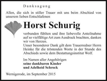 Traueranzeige von Horst Schurig  von Magdeburger Volksstimme