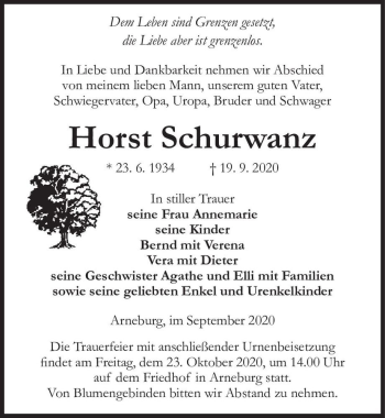 Traueranzeige von Horst Schurwanz  von Magdeburger Volksstimme