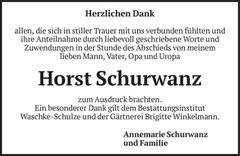 Traueranzeige von Horst Schurwanz  von Magdeburger Volksstimme