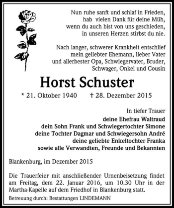 Traueranzeige von Horst Schuster  von Magdeburger Volksstimme