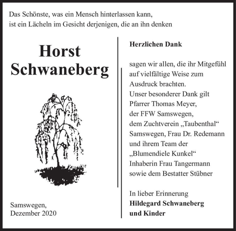  Traueranzeige für Horst Schwaneberg  vom 18.12.2020 aus Magdeburger Volksstimme