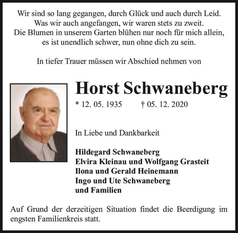  Traueranzeige für Horst Schwaneberg  vom 09.12.2020 aus Magdeburger Volksstimme