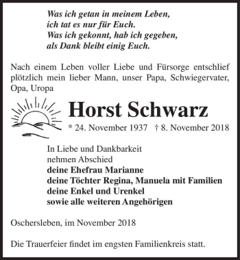 Traueranzeige von Horst Schwarz  von Magdeburger Volksstimme