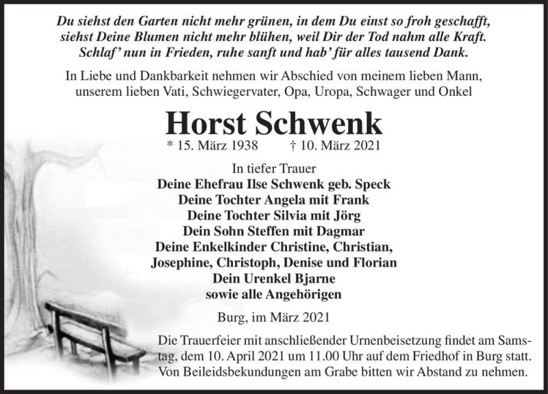  Traueranzeige für Horst Schwenk  vom 03.04.2021 aus Magdeburger Volksstimme
