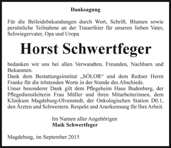 Traueranzeige von Horst Schwertfeger  von Magdeburger Volksstimme