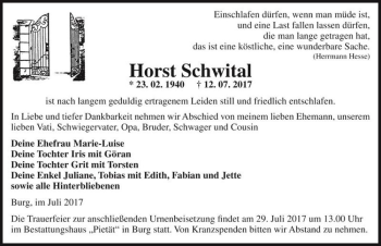 Traueranzeige von Horst Schwital  von Magdeburger Volksstimme
