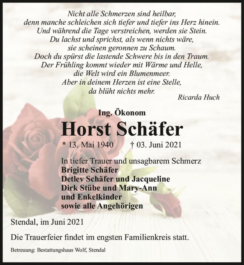  Traueranzeige für Horst Schäfer  vom 05.06.2021 aus Magdeburger Volksstimme