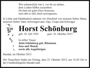 Traueranzeige von Horst Schönburg  von Magdeburger Volksstimme