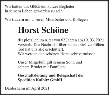 Traueranzeige von Horst Schöne  von Magdeburger Volksstimme