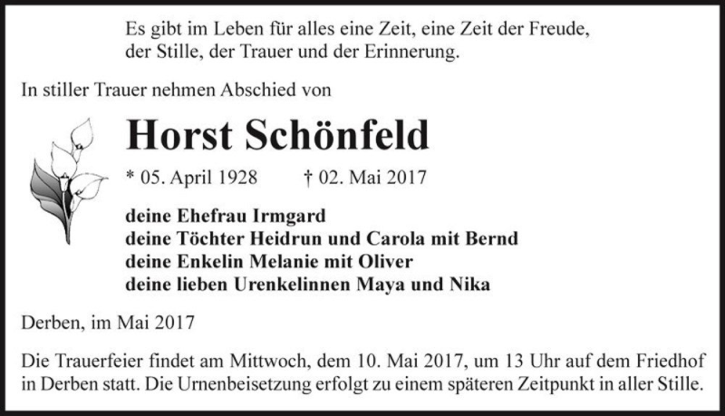  Traueranzeige für Horst Schönfeld  vom 06.05.2017 aus Magdeburger Volksstimme