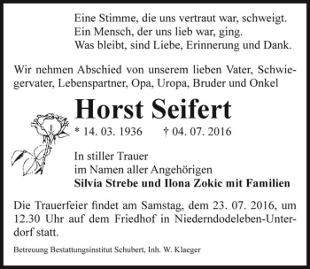 Traueranzeige von Horst Seifert  von Magdeburger Volksstimme