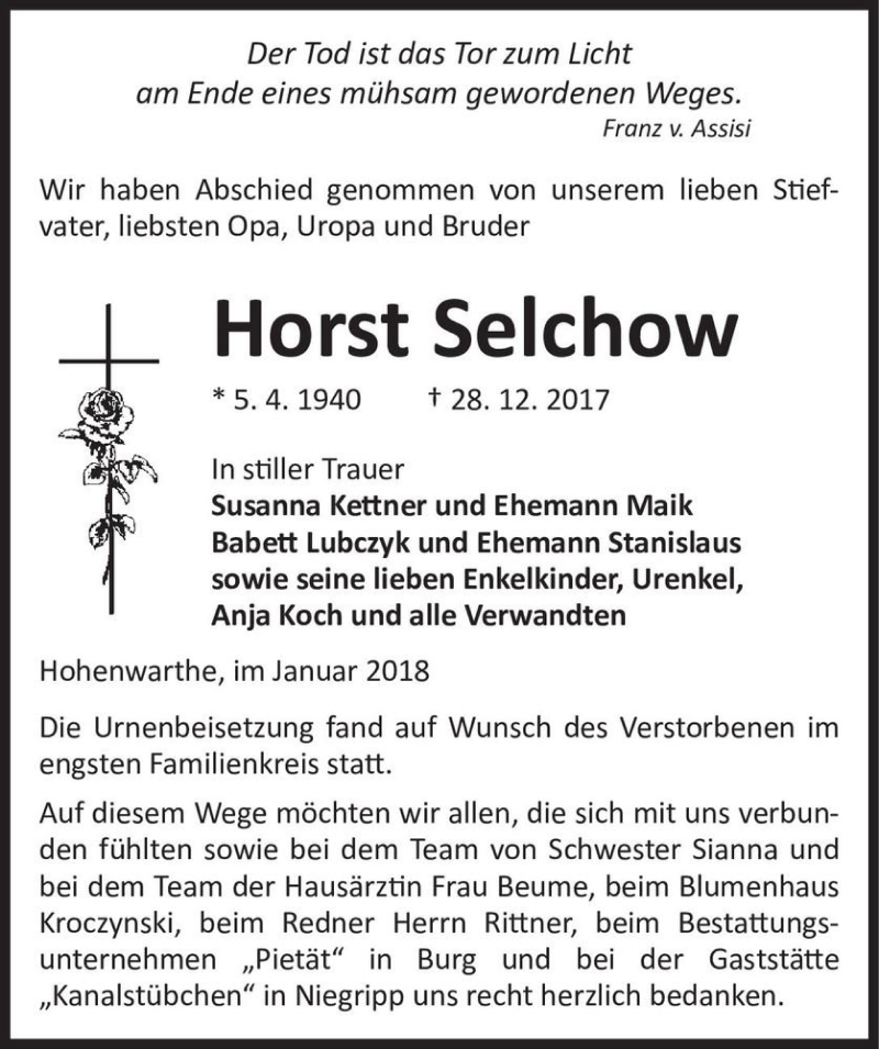  Traueranzeige für Horst Selchow  vom 20.01.2018 aus Magdeburger Volksstimme