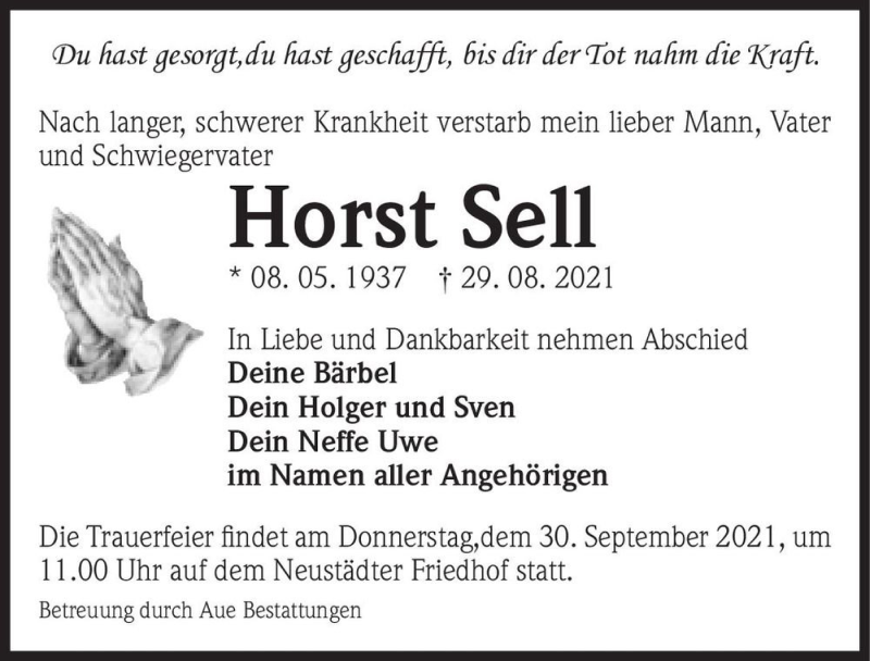  Traueranzeige für Horst Sell  vom 11.09.2021 aus Magdeburger Volksstimme