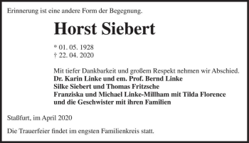 Traueranzeige von Horst Siebert  von Magdeburger Volksstimme