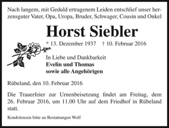 Traueranzeige von Horst Siebler  von Magdeburger Volksstimme