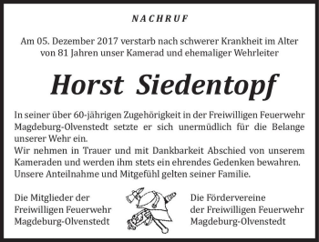 Traueranzeige von Horst Siedentopf  von Magdeburger Volksstimme