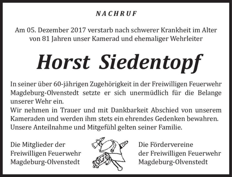  Traueranzeige für Horst Siedentopf  vom 23.12.2017 aus Magdeburger Volksstimme