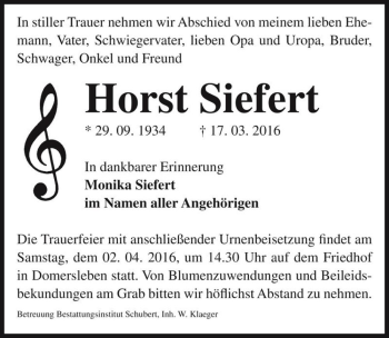 Traueranzeige von Horst Siefert  von Magdeburger Volksstimme