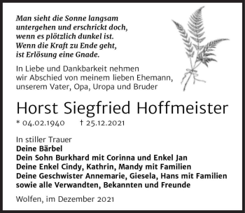 Traueranzeige von Horst Siegfried Hoffmeister  von Magdeburger Volksstimme