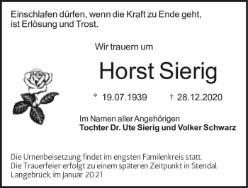 Traueranzeige von Horst Sierig  von Magdeburger Volksstimme