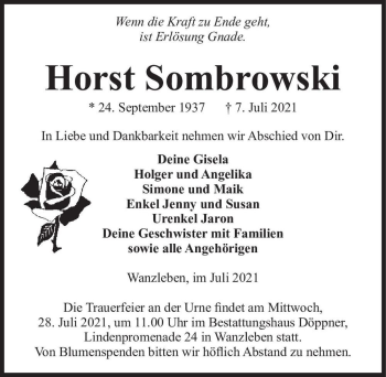 Traueranzeige von Horst Sombrowski  von Magdeburger Volksstimme
