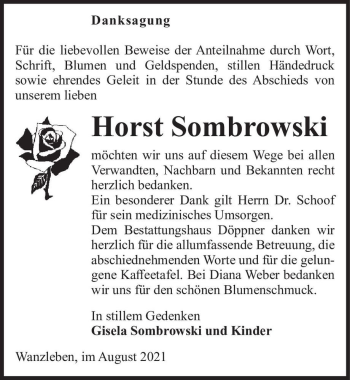 Traueranzeige von Horst Sombrowski  von Magdeburger Volksstimme