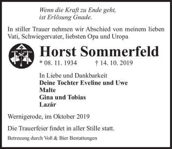 Traueranzeige von Horst Sommerfeld  von Magdeburger Volksstimme