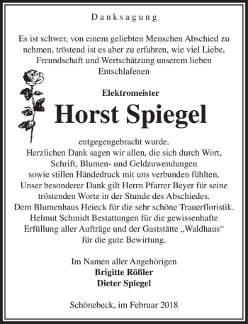 Traueranzeige von Horst Spiegel  von Magdeburger Volksstimme