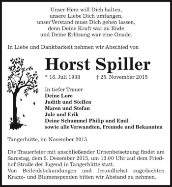 Traueranzeige von Horst Spiller  von Magdeburger Volksstimme