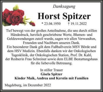 Traueranzeige von Horst Spitzer  von Magdeburger Volksstimme