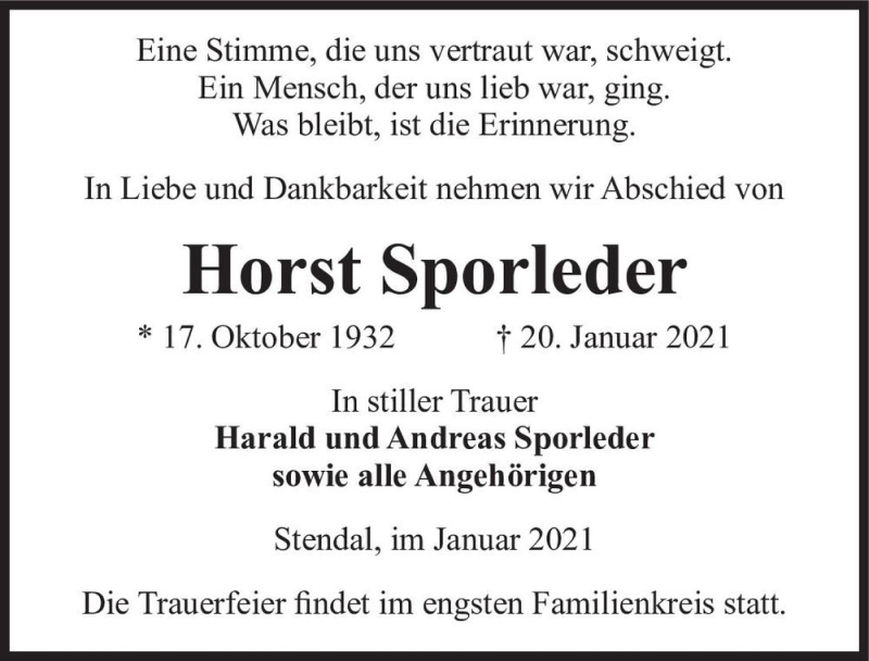  Traueranzeige für Horst Sporleder  vom 30.01.2021 aus Magdeburger Volksstimme