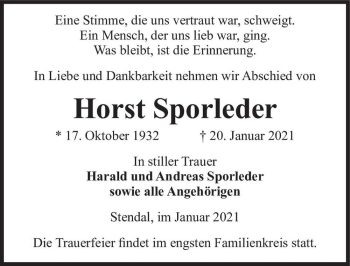 Traueranzeige von Horst Sporleder  von Magdeburger Volksstimme