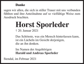 Traueranzeige von Horst Sporleder  von Magdeburger Volksstimme