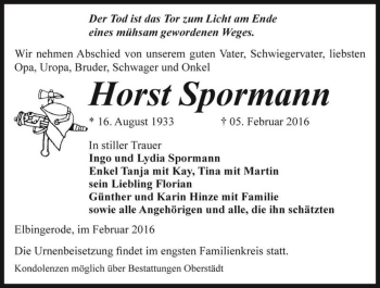 Traueranzeige von Horst Spormann  von Magdeburger Volksstimme