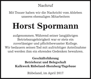 Traueranzeige von Horst Spormann  von Magdeburger Volksstimme