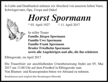 Traueranzeige von Horst Spormann  von Magdeburger Volksstimme