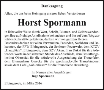 Traueranzeige von Horst Spormann  von Magdeburger Volksstimme