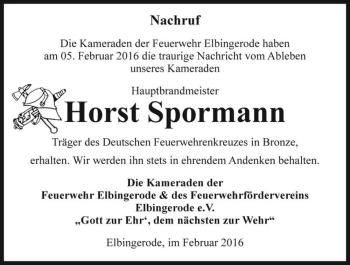 Traueranzeige von Horst Spormann  von Magdeburger Volksstimme