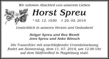 Traueranzeige von Horst Spreu  von Magdeburger Volksstimme