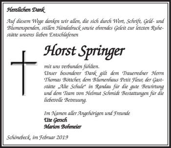 Traueranzeige von Horst Springer  von Magdeburger Volksstimme