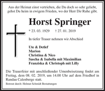 Traueranzeige von Horst Springer  von Magdeburger Volksstimme