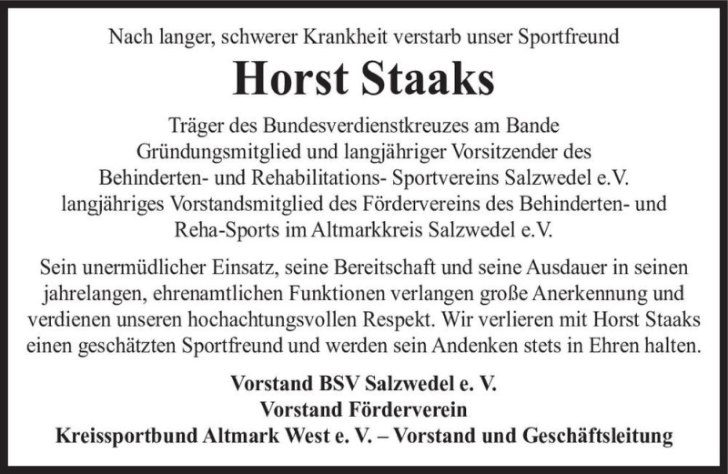  Traueranzeige für Horst Staaks  vom 24.09.2021 aus Magdeburger Volksstimme