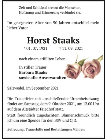 Traueranzeige von Horst Staaks  von Magdeburger Volksstimme