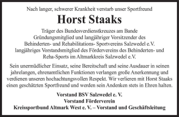 Traueranzeige von Horst Staaks  von Magdeburger Volksstimme